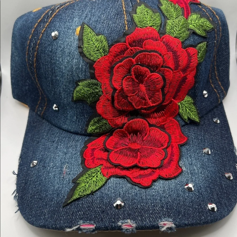 721. Denim Cap with Red Floral Detail